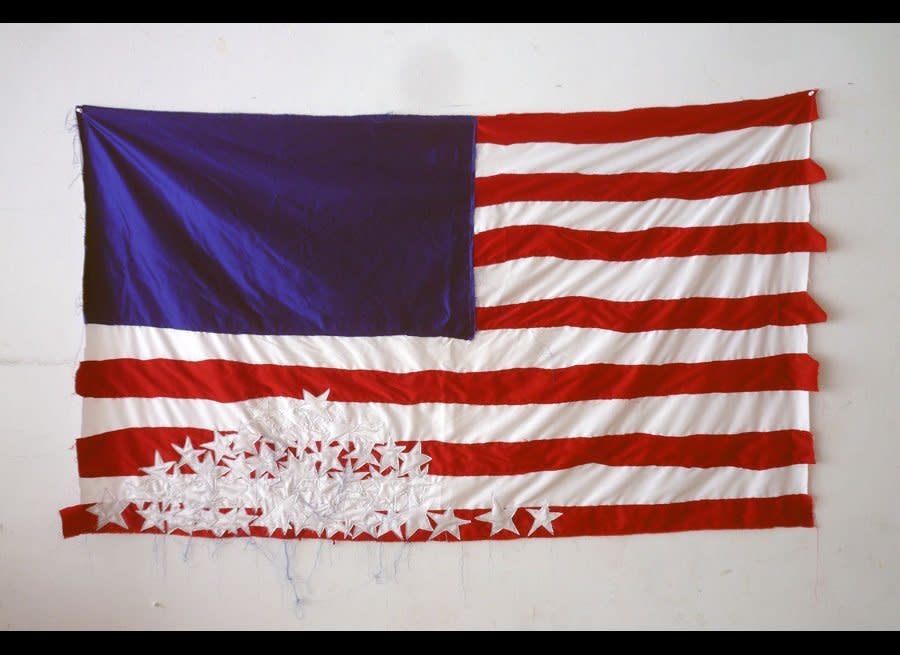 Deconstructed Flag #1 (Fallen Stars), 2012, Cotton sateen and thread, 72 x 42 inches, courtesy of the artist and envoy enterprises, New York.