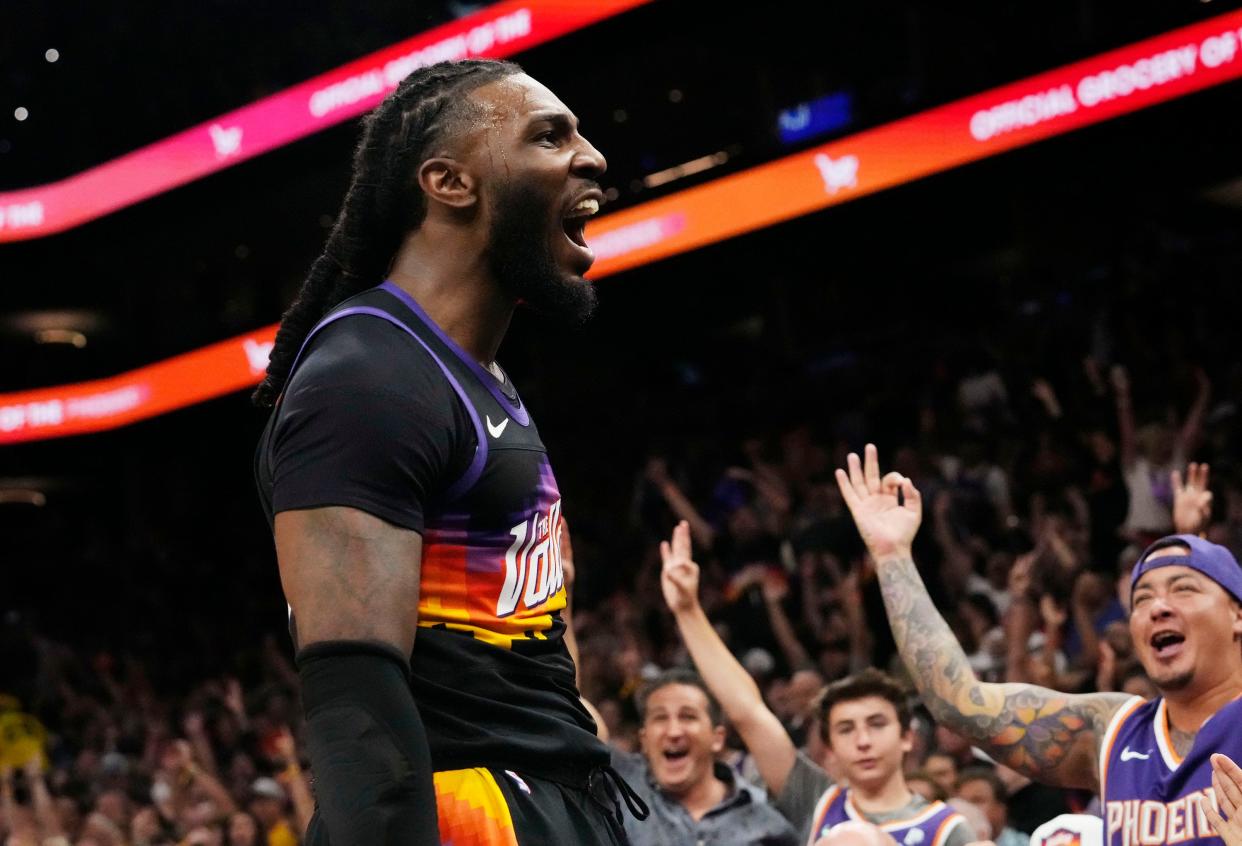 May 2, 2022; Phoenix, Arizona, USA; Phoenix Suns forward Jae Crowder (99) reacts during action against the Dallas Mavericks during game one of the second round for the 2022 NBA playoffs at Footprint Center.