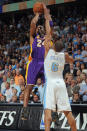 DENVER, CO - MAY 04: Kobe Bryant #24 of the Los Angeles Lakers takes a shot over Arron Afflalo #6 of the Denver Nuggets in Game Three of the Western Conference Quarterfinals in the 2012 NBA Playoffs at Pepsi Center on May 4, 2012 in Denver, Colorado. NOTE TO USER: User expressly acknowledges and agrees that, by downloading and or using this photograph, User is consenting to the terms and conditions of the Getty Images License Agreement. (Photo by Doug Pensinger/Getty Images)