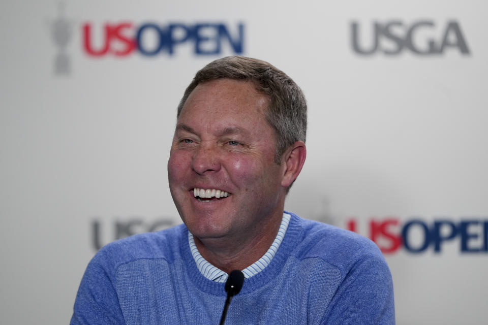 United States Golf Association CEO, Mike Whan, speaks during a news conference at the U.S. Open golf tournament Wednesday, June 12, 2024, in Pinehurst, N.C. (AP Photo/Matt York)