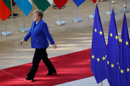 German Chancellor Angela Merkel arrives at an extraordinary European Union leaders summit to discuss Brexit, in Brussels, Belgium April 10, 2019. REUTERS/Susana Vera