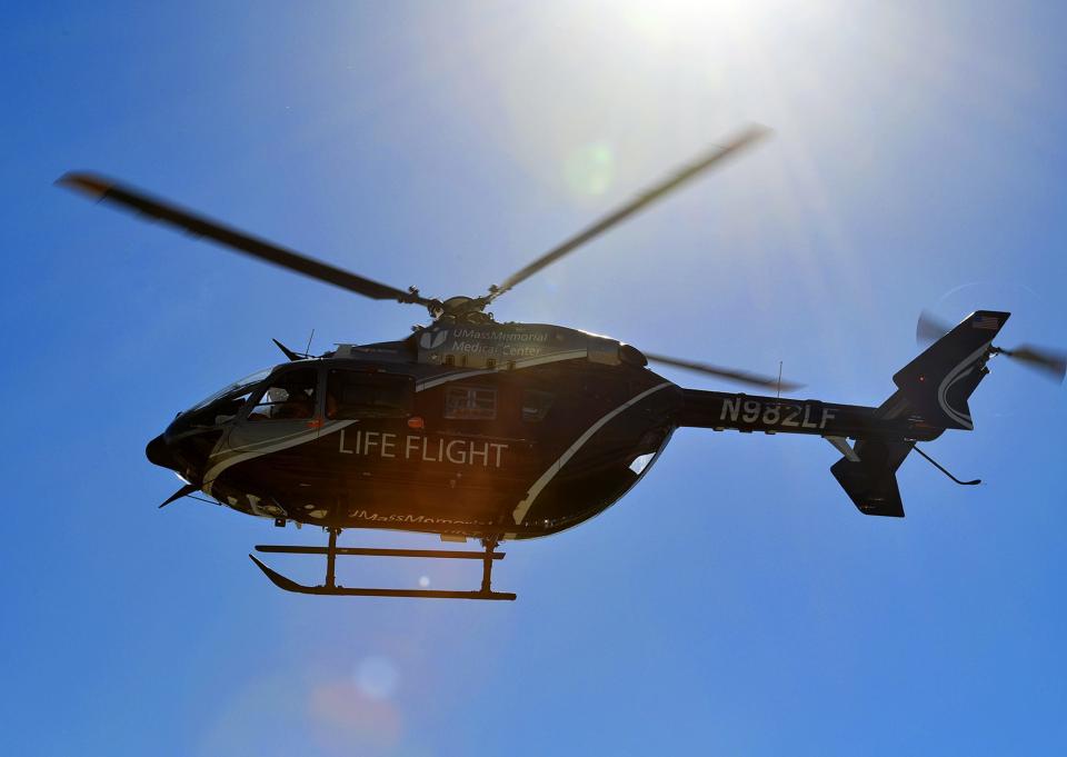 A LifeFlight helicopter crew heads out on a call from UMass Memorial Medical Center in Worcester.