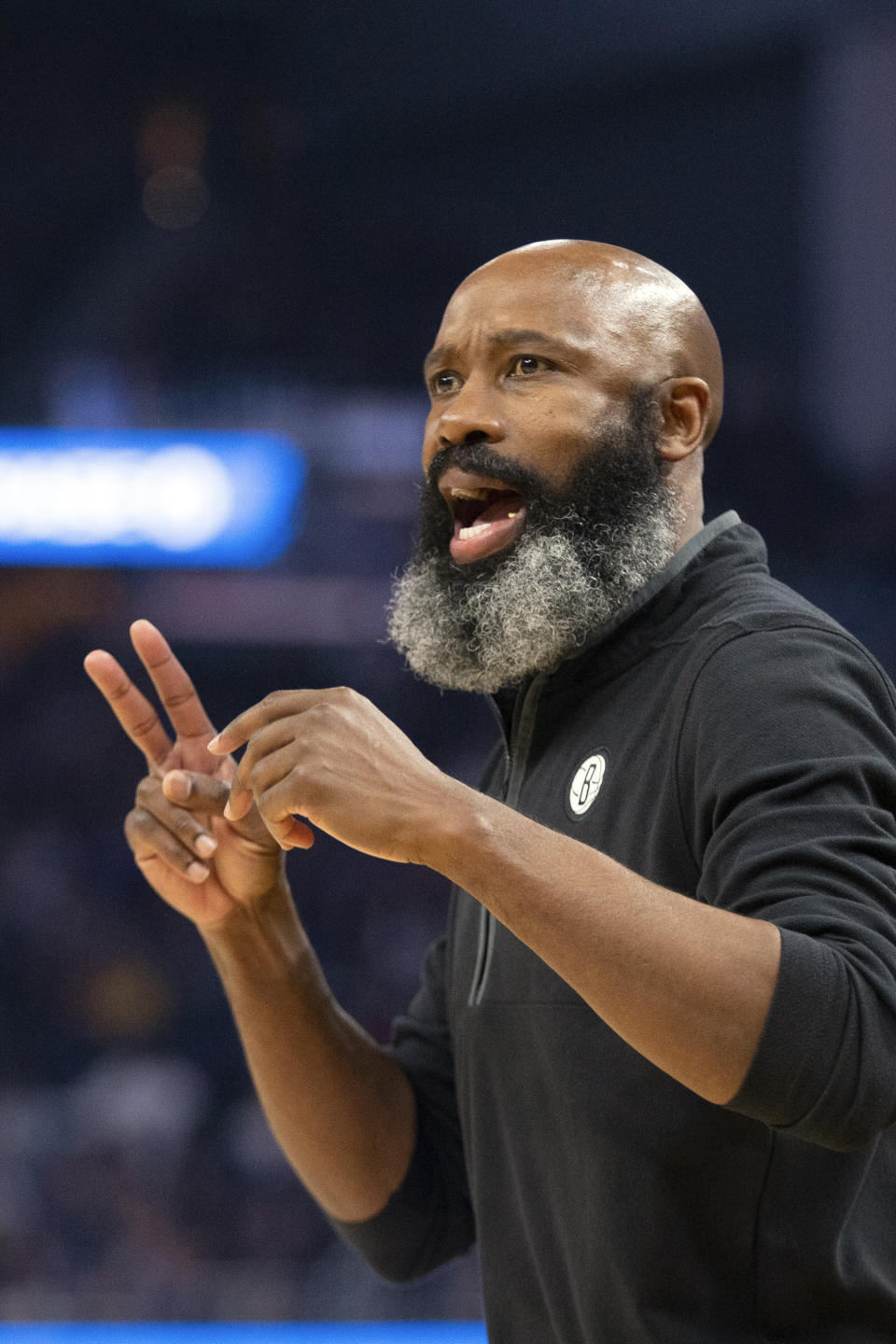 Brooklyn Nets head coach Jacque Vaughn calls out instructions to his players during the first quarter of an NBA basketball game against the Golden State Warriors, Sunday, Jan. 22, 2023, in San Francisco. (AP Photo/D. Ross Cameron)