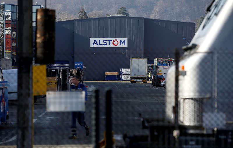 FILE PHOTO: The logo of Alstom is seen on the high-speed train TGV factory of the company in Belfort