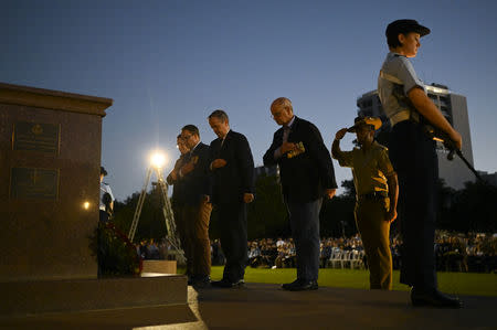 Australian opposition leader Bill Shorten lays a wreath during the ANZAC Day dawn service in Darwin, Australia, April 25, 2019. AAP Image/Lukas Coch/via REUTERS