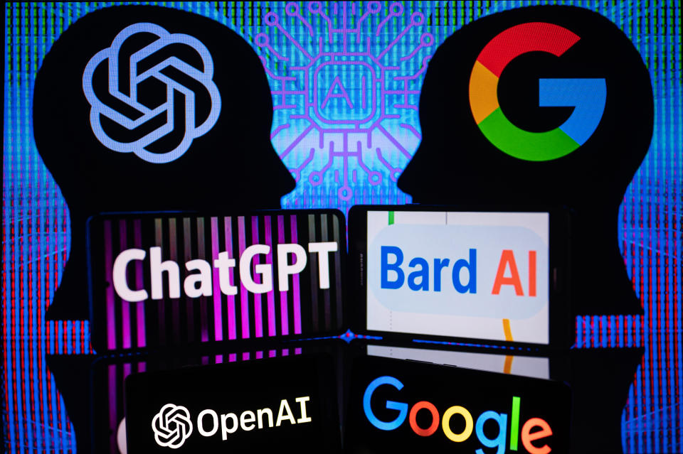 Mit der Sprach-KI Bard reagiert Google auf die Einführung von Microsofts ChatGPT. (Illustration von Jonathan Raa/NurPhoto via Getty Images)