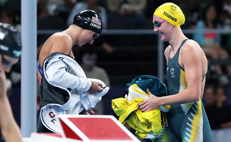 Ariarne Titmus and Katie Ledecky at the Paris Olympics.