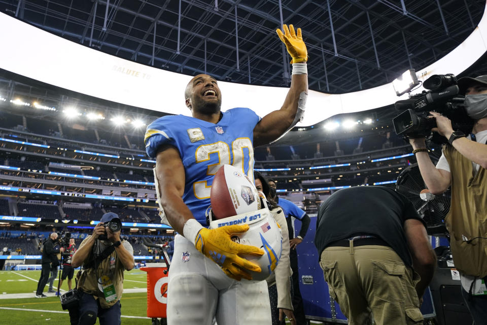 Los Angeles Chargers running back Austin Ekeler reacts after an NFL football game against the Pittsburgh Steelers Sunday, Nov. 21, 2021, in Inglewood, Calif. (AP Photo/Ashley Landis)