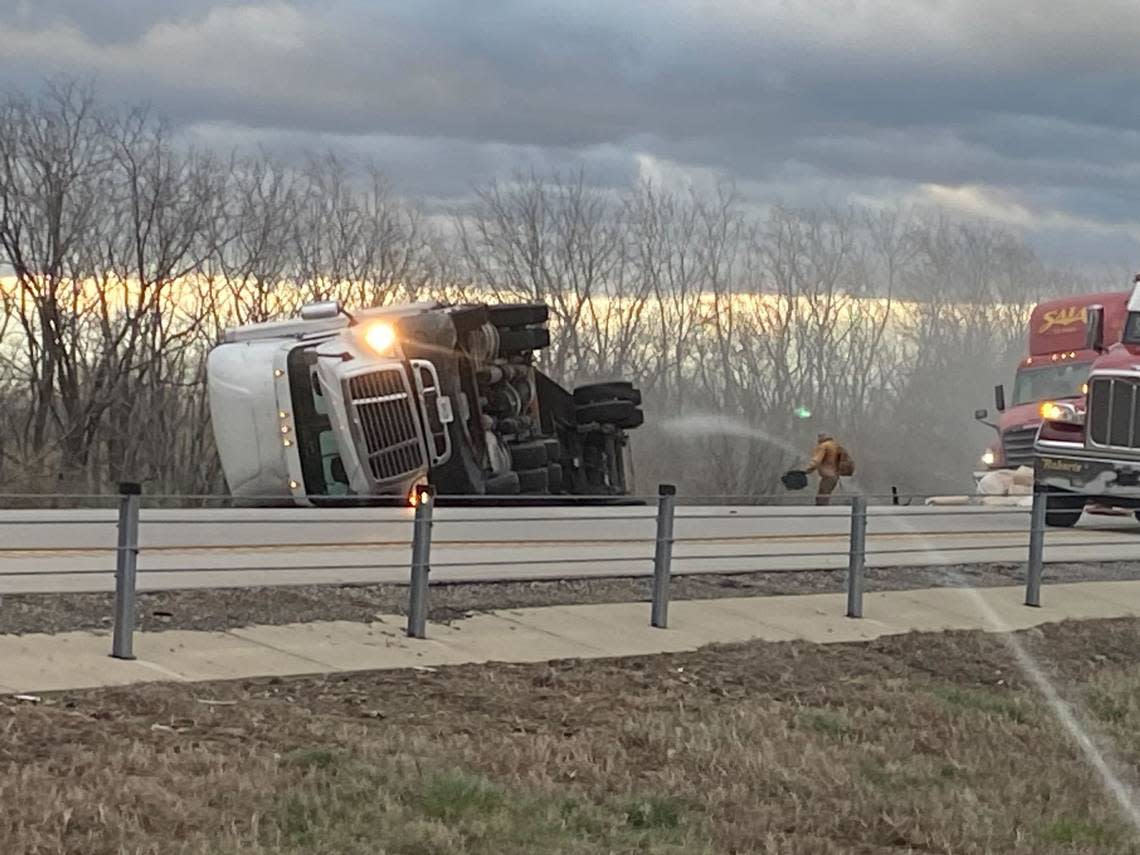 Multiple tractor trailers were tipped over just north of the Interstate 75-64 split on Friday night as high winds hit the area.