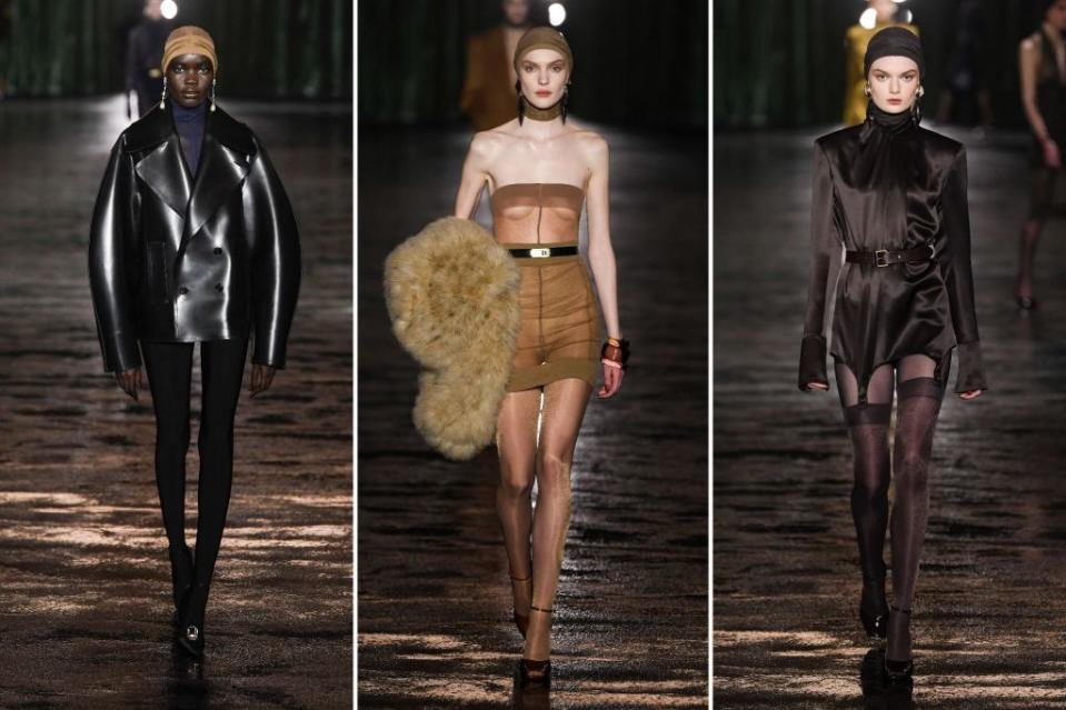 Sheathed in sheer styles, Saint Laurent models wore short hems and tight caps on the catwalk. Images: Getty Images