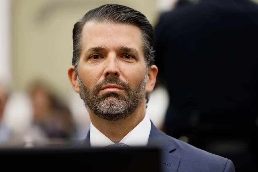 Donald Trump, Jr. sits in the courtroom before the continuation of his civil business fraud trial at New York Supreme Court, Monday, Nov. 13, 2023, in New York. (Michael M. Santiago//Pool Photo via AP)