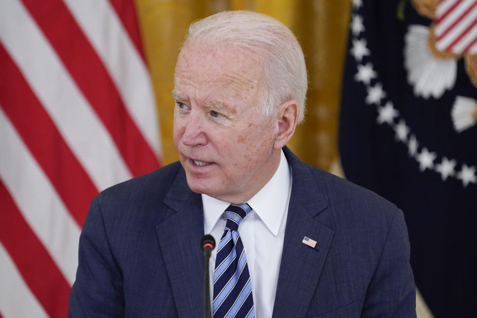 President Joe Biden speaks during a meeting about cybersecurity, in the East Room of the White House, Wednesday, Aug. 25, 2021, in Washington. (AP Photo/Evan Vucci)