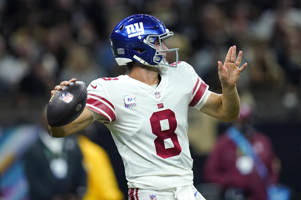 New York Giants quarterback Daniel Jones (8) passes in the second half of an NFL football game against the New Orleans Saints in New Orleans, Sunday, Oct. 3, 2021. (AP Photo/Brett Duke)