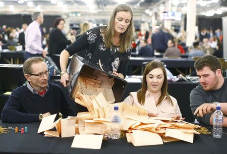 An electoral worker empties a ballot box after polls closed in Britain's general election at a counting centre in Doncaster, May 7, 2015. REUTERS/Darren Staples