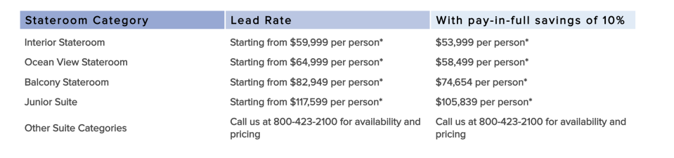 Prices for the cruise