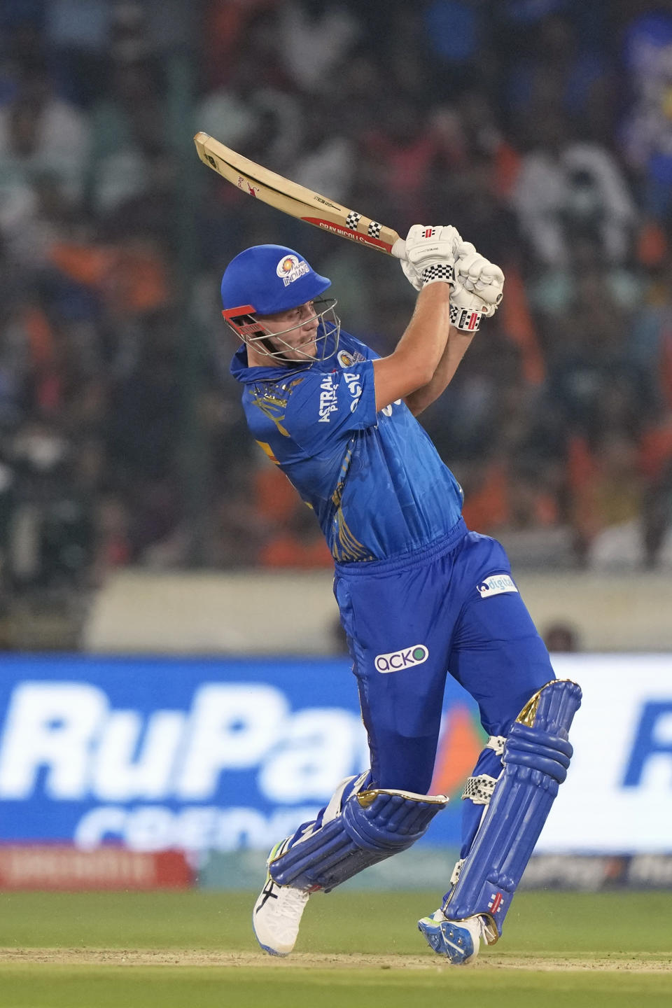 Mumbai Indians' Cameron Green plays a shot during the Indian Premier League cricket match between Sunrisers Hyderabad and Mumbai Indians in Hyderabad, India, Tuesday, April 18, 2023. (AP Photo/Mahesh Kumar A.)