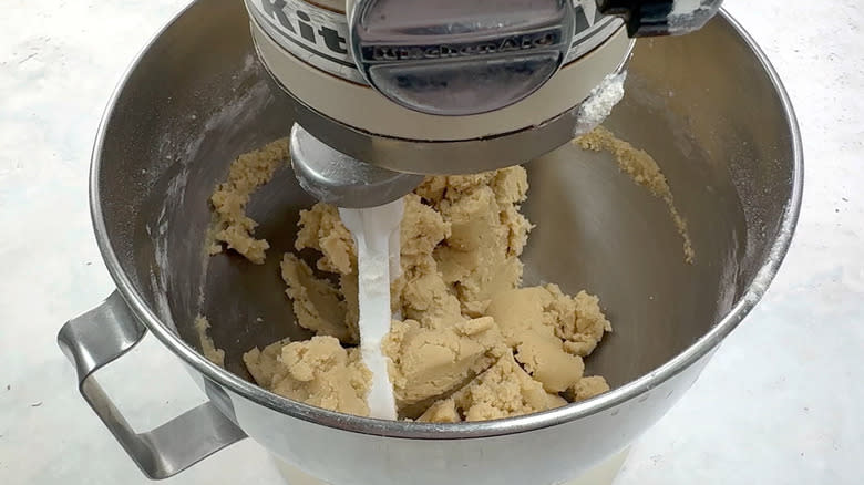 cookie dough in stand mixer bowl