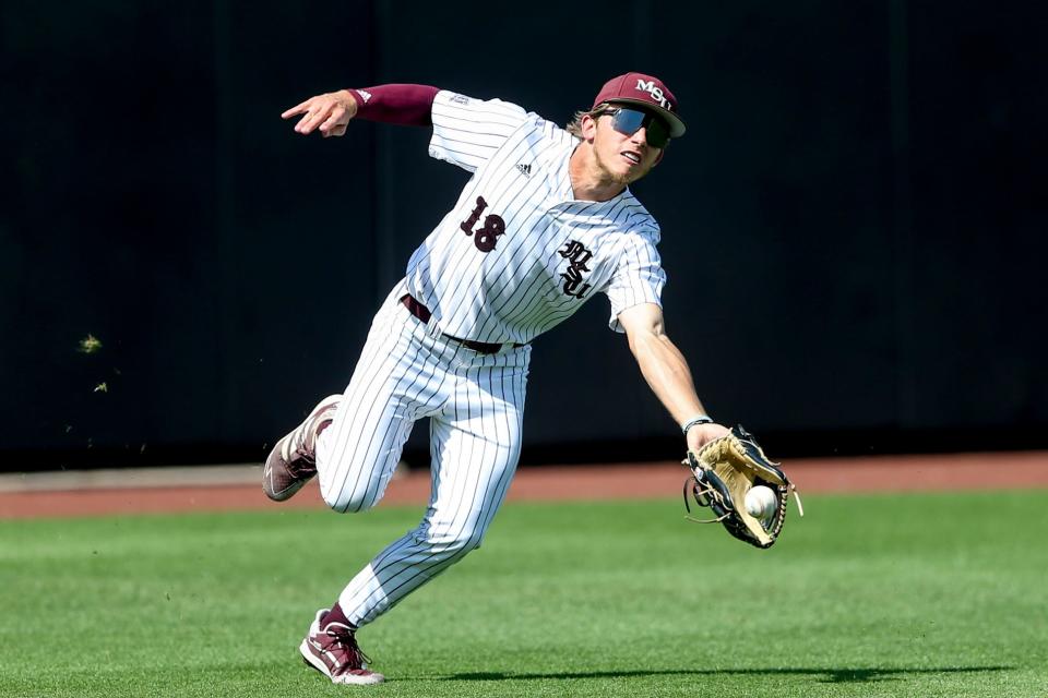 Missouri State outfielder Spencer Nivens (18) fields a hit during an NCAA college baseball tournament regional game against Oklahoma State, Sunday, June 5, 2022, in Stillwater, Okla. (Ian Maule/Tulsa World via AP)