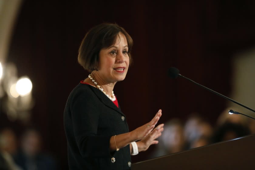 Carol Folt, the University of Southern California’s 12th president, at a press conference held at Town and Gown at the University Park Campus in Los Angeles, on March 20, 2019.(Al Seib / Los Angeles Times)