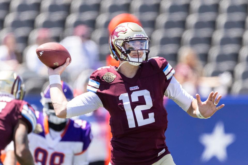 Michigan Panthers quarterback Paxton Lynch (12) throws against the Pittsburgh Maulers during the first half May 1, 2022 at Protective Stadium in Birmingham, Alabama.