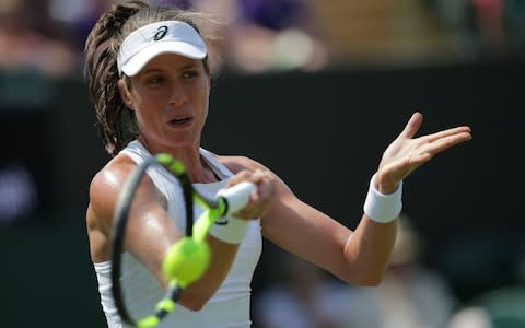 Britain's Johanna Konta returns to Russia's Natalia Vikhlyantseva during their women's singles first round match on the second day of the 2018 Wimbledon Championships at The All England Lawn Tennis Club in Wimbledon, southwest London, on July 3, 2018 - Credit: AFP