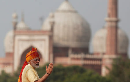 Prime Minister Narendra Modi gestures as he addresses the nation from the historic Red Fort during Independence Day celebrations in Delhi, August 15, 2017. REUTERS/Adnan Abidi/Files