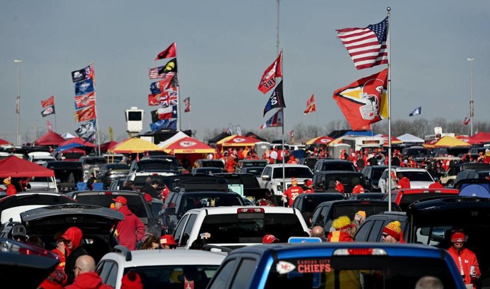 Hundreds of flags were flying by tailgaters before the start of the AFC Championship Game between the Kansas City Chiefs and the Cincinnati Bengals at GEHA at Arrowhead Stadium Sunday, Jan. 30, 2022. Jill Toyoshiba/jtoyoshiba@kcstar.com