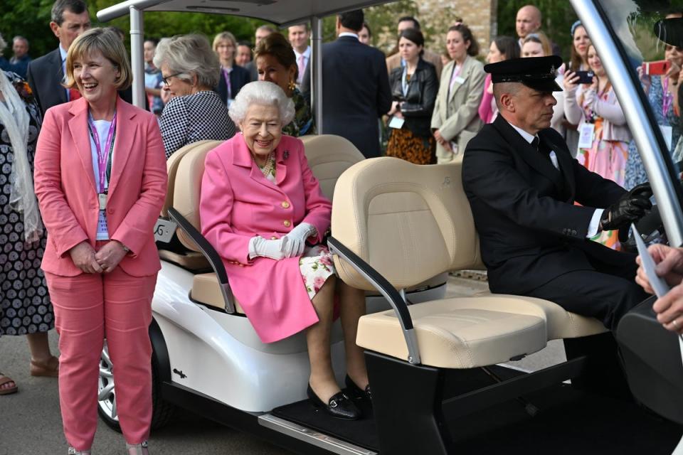 Queen Elizabeth II sitting in a buggy during a visit by members of the royal family to the RHS Chelsea Flower Show 2022 (PA)