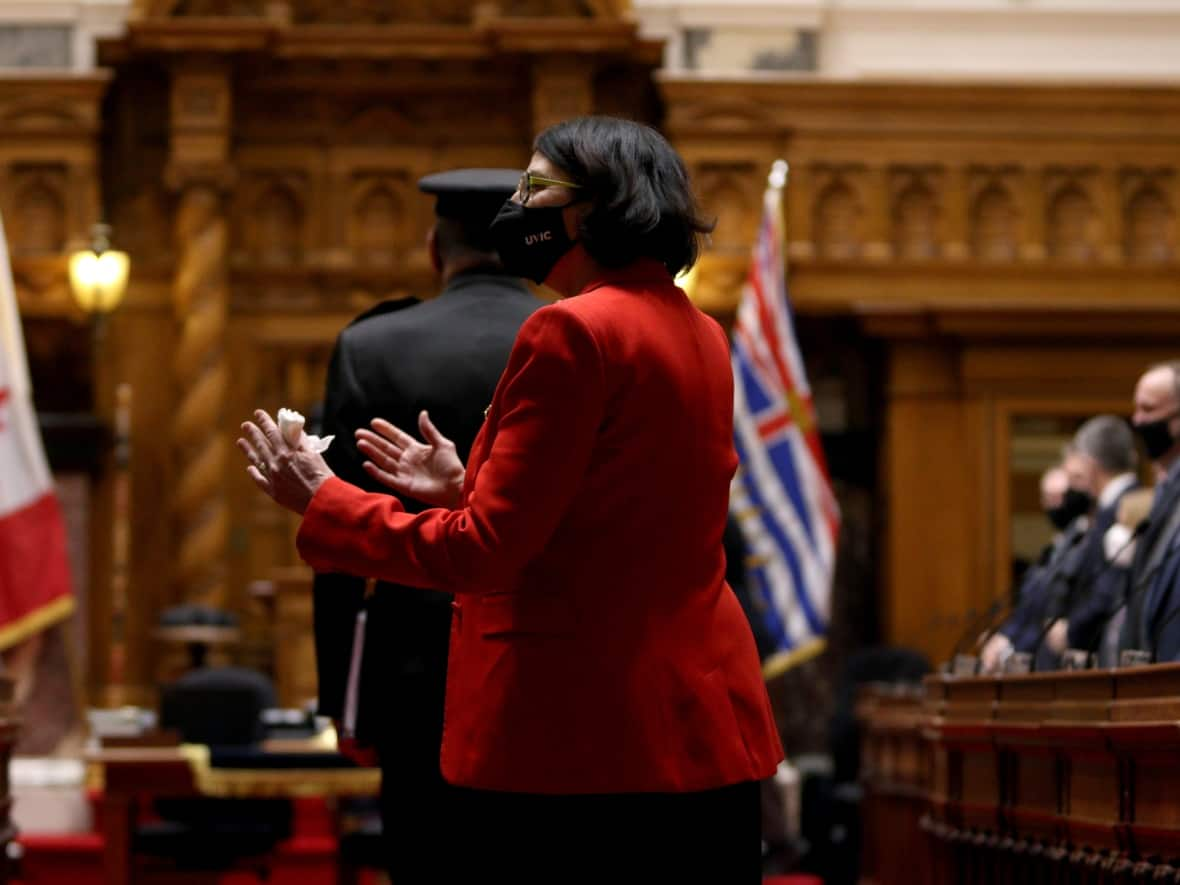 Lt.-Gov. Janet Austin  arrives for the prorogation address in the chamber ahead of the throne speech at the legislature in Victoria, B.C., on Feb. 8, 2022.  (Chad Hipolito/Canadian Press - image credit)