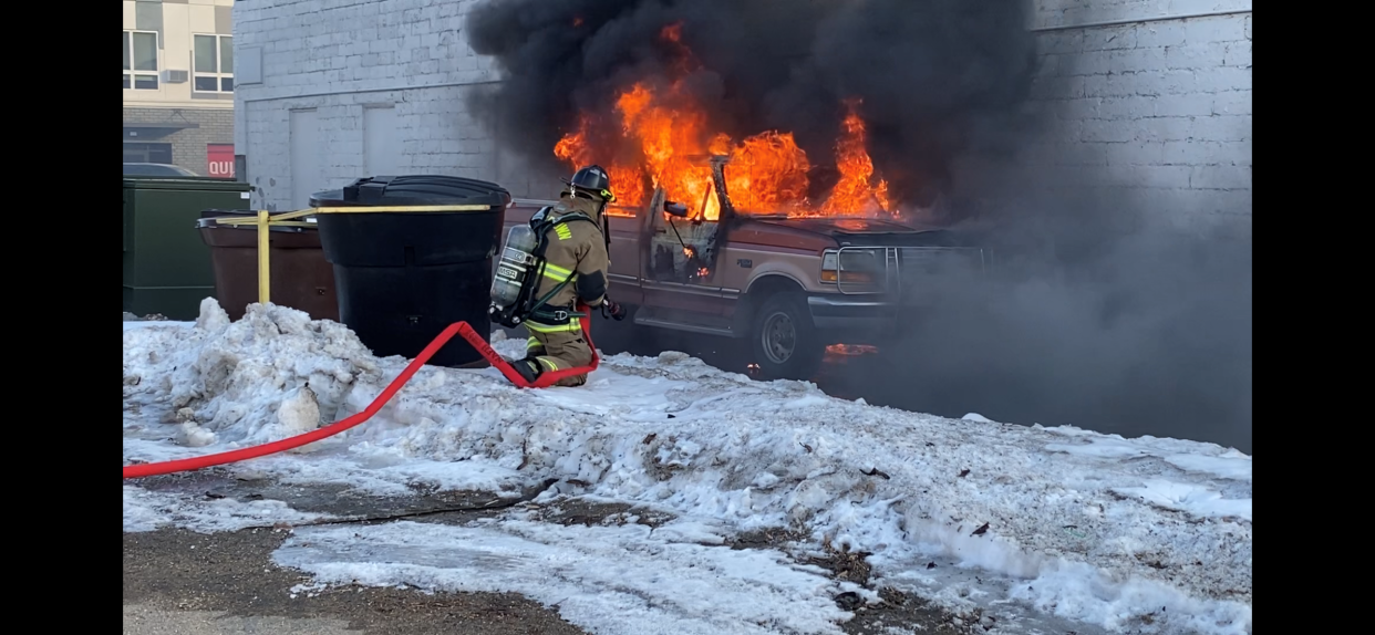 A pickup in the alley behind City Hall was destroyed by fire Wednesday afternoon.