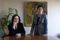 In this May 21, 2021, photo Washington based civil rights attorneys Lisa Banks, left, and Debra Katz, pose for a portrait at their law firm in Washington. For many people, the pandemic year has brought a pause of some kind, or at least a slowdown, to their professional endeavors. For Katz and Banks, the opposite has been true. “This is probably the biggest year we’ve ever had,” says Banks. Their work has been increasing for nearly four years. When the Harvey Weinstein revelations erupted in October 2017, launching the reckoning that became known as the #MeToo movement, it caused “a sea change," Katz says. (AP Photo/Jacquelyn Martin)