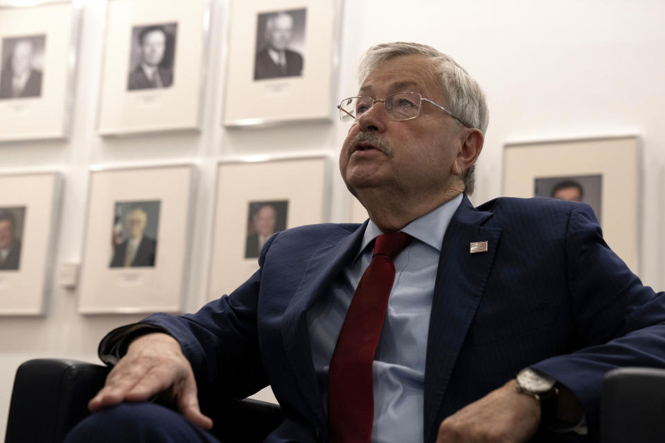 U.S. Ambassador to China Terry Branstad speaks during an interview at the U.S. embassy in Beijing on Tuesday, Sept. 29, 2020. The departing U.S. ambassador on Tuesday defended a tough approach to China that has riled relations between the world's two largest economies, saying the Trump administration has made progress on trade and that he hopes it will extend to other areas. (AP Photo/Ng Han Guan)