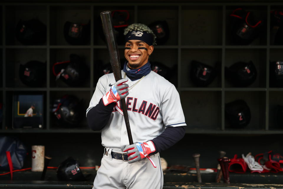 MINNEAPOLIS, MN - SEPTEMBER 12: Francisco Lindor #12 of the Cleveland Indians in the dugout prior to the game between the Cleveland Indians and the Minnesota Twins at Target Field on Saturday, September 12, 2020 in Minneapolis, Minnesota. (Photo by Harrison Barden/MLB Photos via Getty Images)
