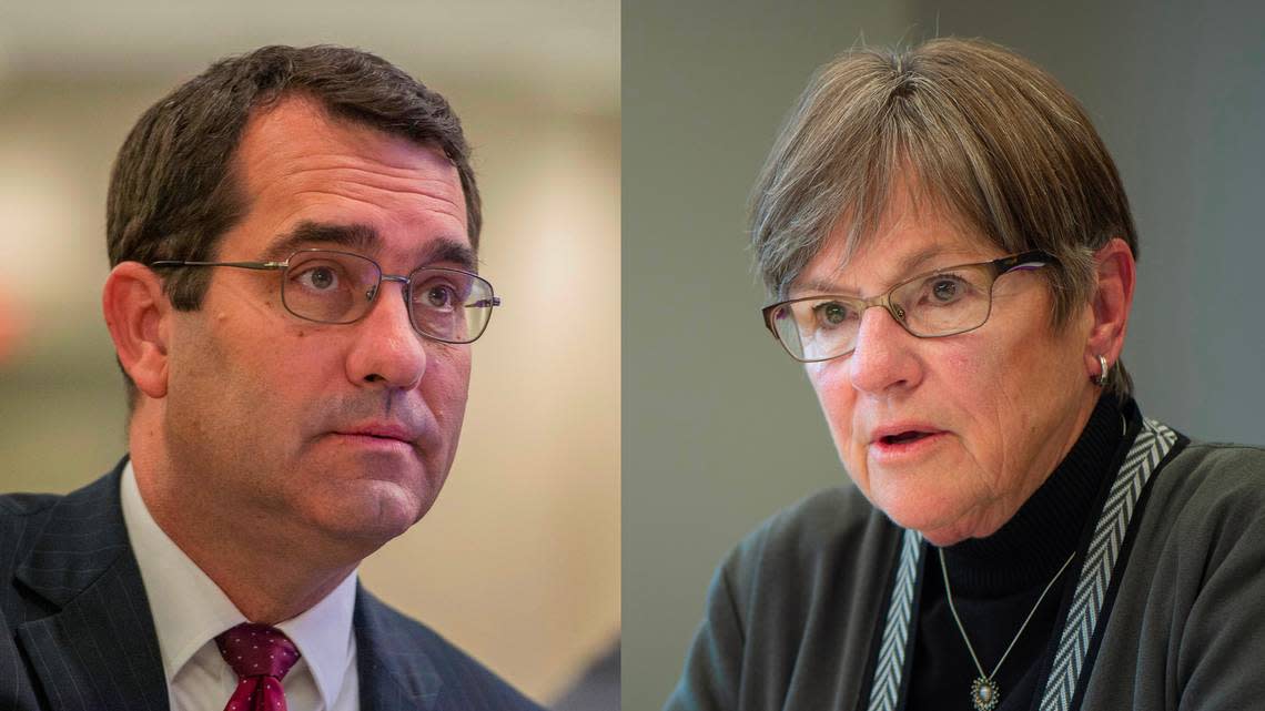 Kansas Secretary of State Derek Schmidt, left, a Republican, is challenging incumbent Kansas Gov. Laura Kelly, a Democrat, in the race to serve as the state’s top official. File/Kansas City Star