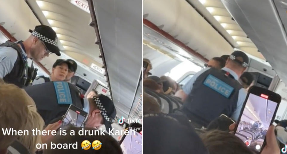 Drunk woman escorted off Jetstar plane. 