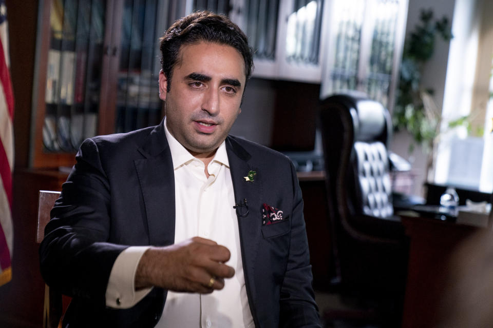 Pakistani Foreign Minister Bilawal Bhutto Zardari speaks during an interview with the Associated Press at the Pakistan Embassy, in Washington, Tuesday, Sept. 27, 2022. (AP Photo/Andrew Harnik)