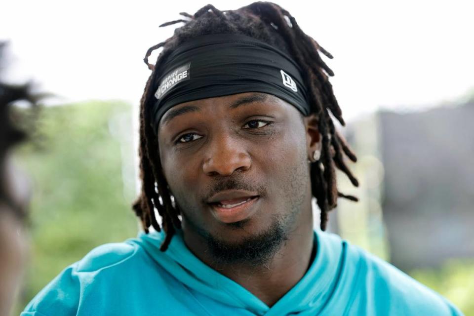 Miami Dolphins cornerback Trill Williams (6) speaks to reporters after practice at the Baptist Health Training Complex in Miami Gardens, Florida on Wednesday, July 26, 2023.
