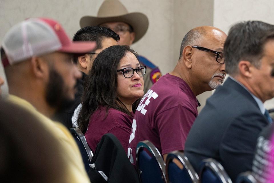 Juanita Cazares, family of Uvalde shooting victim Jackie Cazares, listens to public comments during the Department of Public Safety Commission meeting at DPS Headquarters on Thursday, Oct. 27, 2022. 