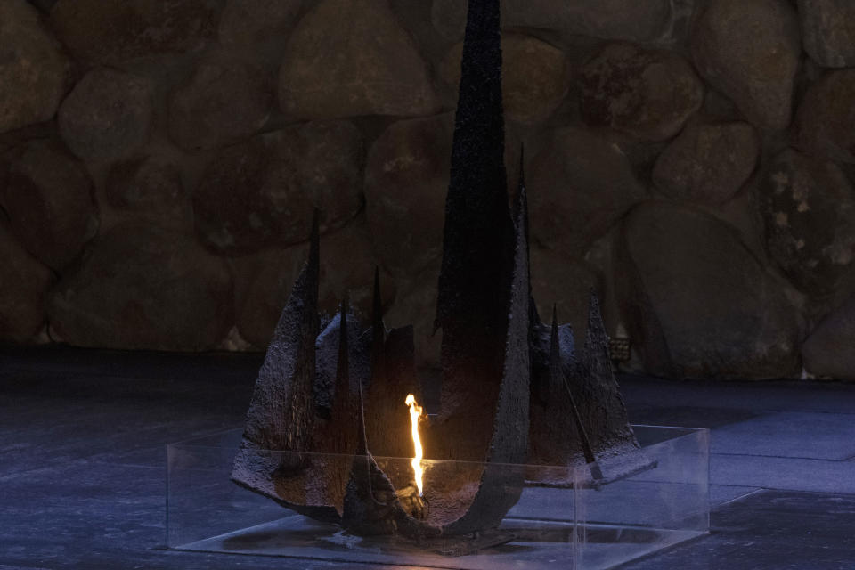 The Eternal Flame in the Hall of Remembrance at Yad Vashem Holocaust Memorial, Wednesday, April 27, 2022, ahead of Holocaust Remembrance Day, which begins at sunset. Israeli researchers say the coronavirus pandemic and the Israel-Gaza war fueled a spike in antisemitism around the world in 2021. (AP Photo/Maya Alleruzzo)