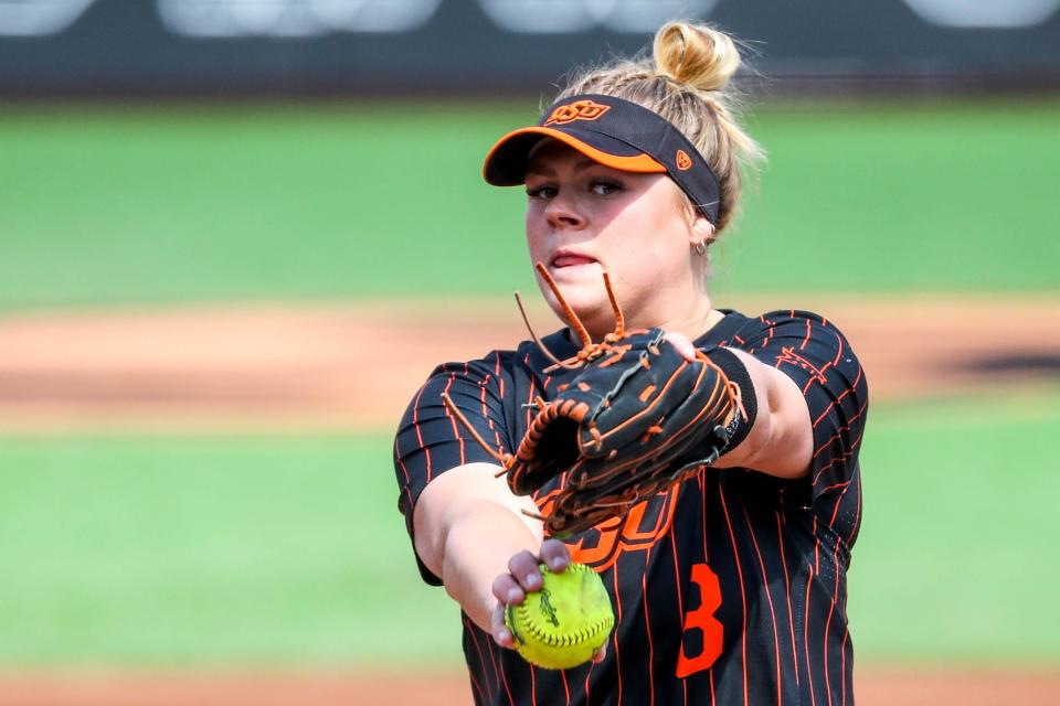 OSU's Lexi Kilfoyl pitches against Baylor on March 25, 2023, at Cowgirl Stadium in Stillwater.