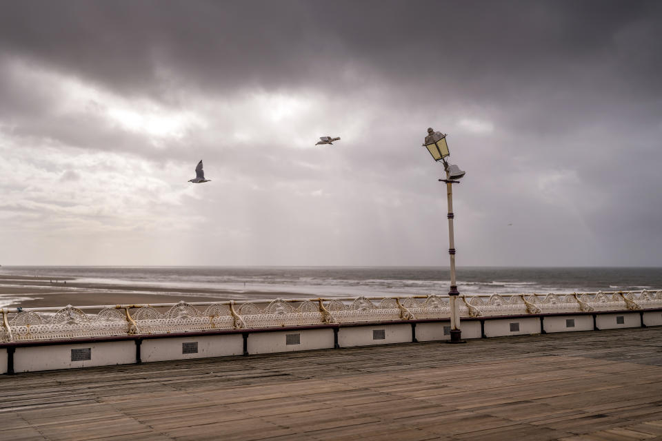 BLACKPOOL, UNITED KINGDOM - APRIL 05: Heavy clouds coming from the west over Blackpool's North Pier mark the approach of Storm Kathleen to the UK on April 05, 2024 in Blackpool, United Kingdom. (Photo by Christopher Furlong/Getty Images)