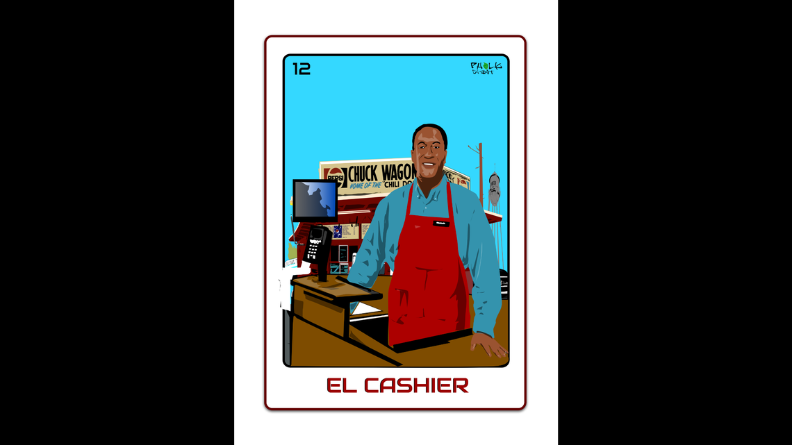 “El Cashier” (2020) by Alfredo Ponce, also known as Pholk Giant on Instagram, is part of Amplifier’s COVID-19 emergency campaign collection. The Library of Congress acquired four of Ponce’s art pieces honoring essential workers.