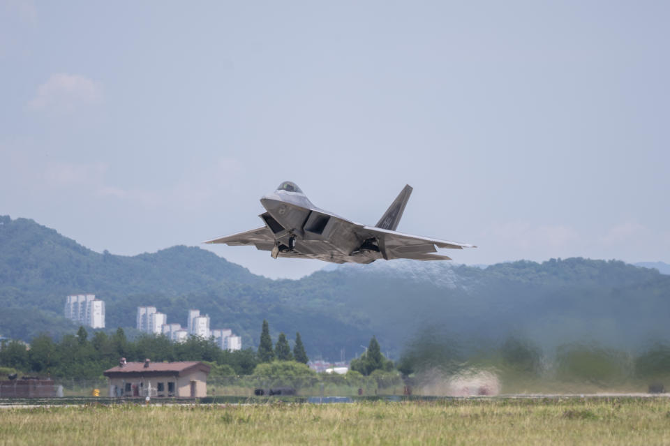 In this photo provided by the South Korea Defense Ministry, the U.S. Air Force's F-22 fighter jet takes off during a combined air force exercise between the United States and South Korea at Chungju Air Base in Chungju, South Korea, Wednesday, June 26, 2024. (South Korea Defense Ministry via AP)