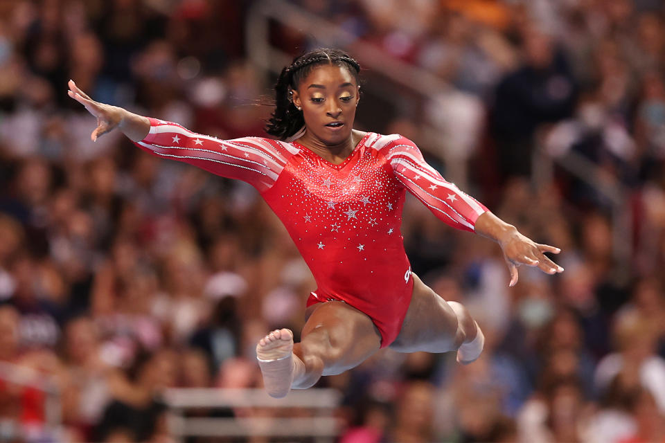 Simone Biles competes in the floor exercise during the Women's competition of the 2021 U.S. Gymnastics Olympic Trials at America’s Center on June 27, 2021 in St Louis, Missouri.