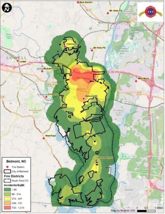 There are a higher number of firefighter incidents per square mile along the Wilkinson Blvd. commercial corridor and in the area of the Community Fire Department. (NC Fire Chief Consulting)