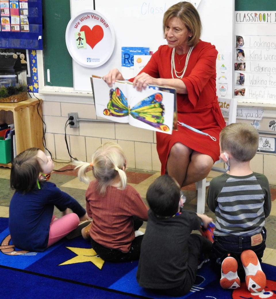 Ohio First Lady Fran DeWine read "The Very Hungry Caterpillar" to 10 students in Lisa Green's preschool class at the South Lawn Campus of Coshocton County Head Start. DeWine made similar visits in Mt. Gilead and Fredericktown to promote the Ohio Imagination Library reaching more than 300,000 kids in Ohio from birth to age 5.