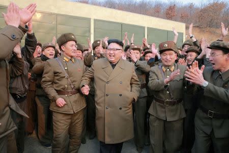 North Korean leader Kim Jong Un watched the ground jet test of a Korean-style high-thrust engine newly developed by the Academy of the National Defence Science in this undated picture provided by KCNA in Pyongyang on March 19, 2017. KCNA/via Reuters