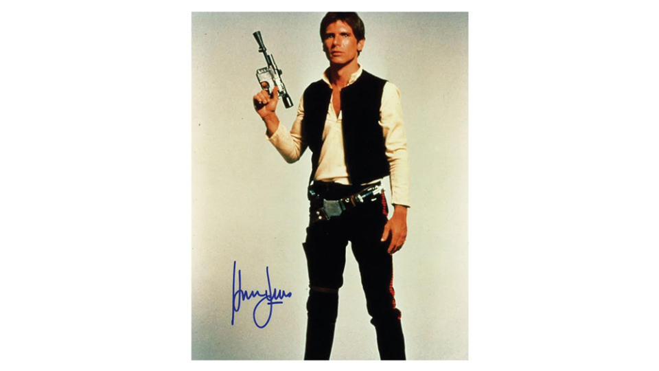 A signed photo of Harrison Ford as Han Solo