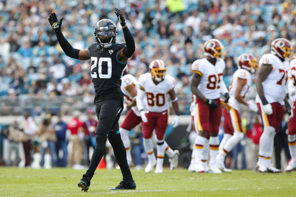 Jalen Ramsey (20) pumps up the crowd before a play during the game between the Washington Redskins and the Jacksonville Jaguars on Dec. 16, 2018 at TIAA Bank Field in Jacksonville, Fl. (Getty Images)