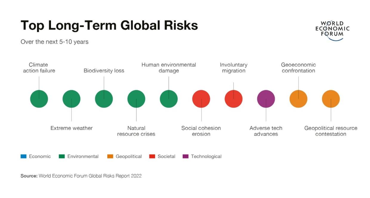 Environmental issue dominate the long-term global risks. Photo: World Economic Forum